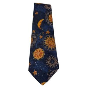 D'Em Crazy Vintage Celestial 100% Cotton Tie Sun Moon Stars Zodiac Navy 1990s